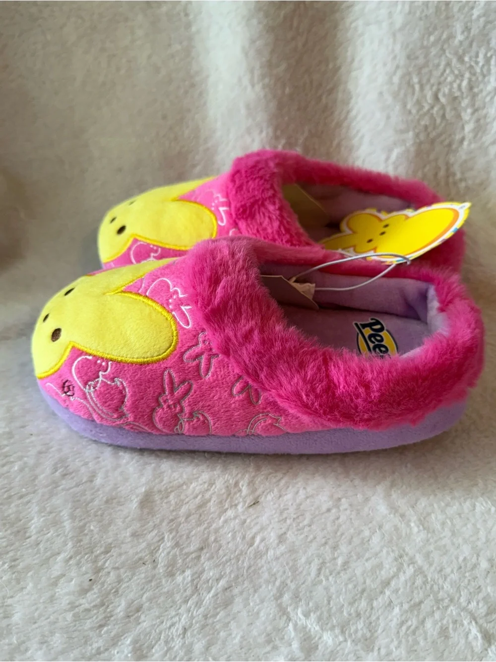 Peeps Pink & Yellow‎ Bunny Slippers faux Fur 9-10 Girls
